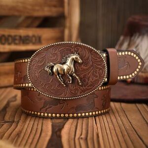 Modern Western Vegan Leather Belt with Horse Buckle